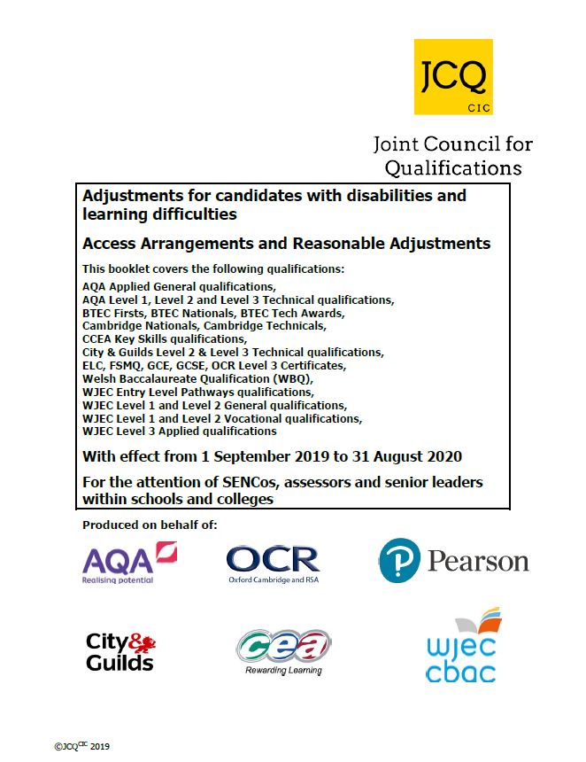 Document cover, Adjustments for candidates with disabilities and learning difficulties Access Arrangements and reasonable adjustments.