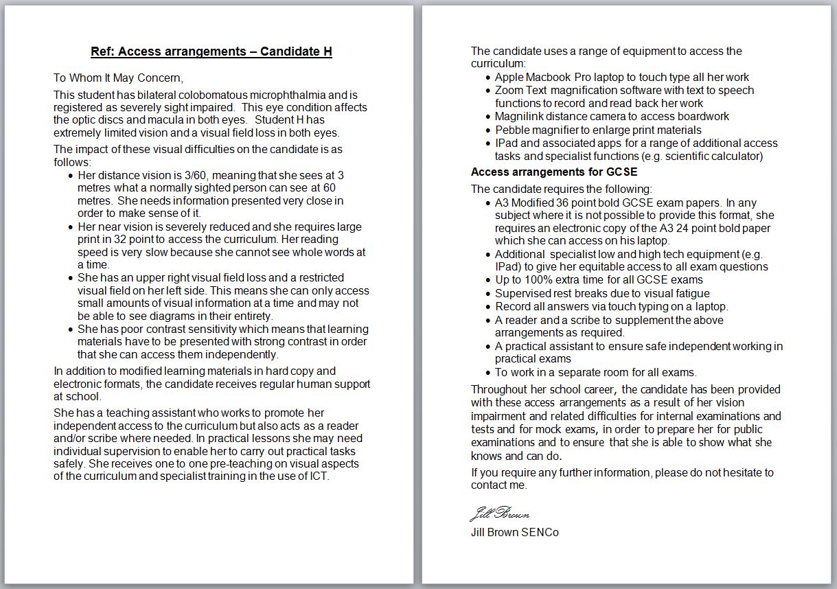 Supporting letter for Student H