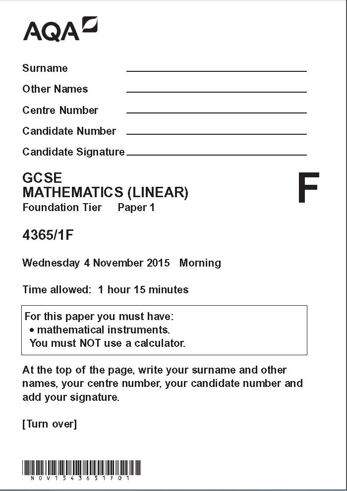 Modified enlarged maths examination paper