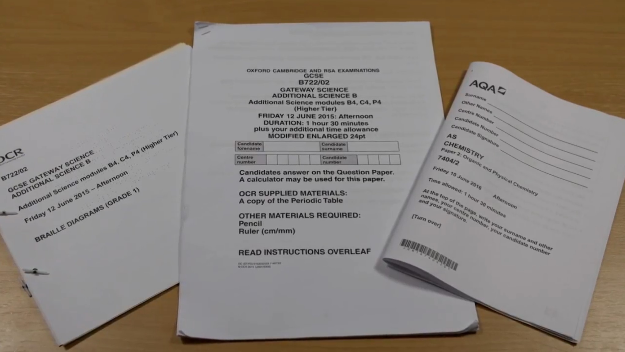 Variety of modified examination papers